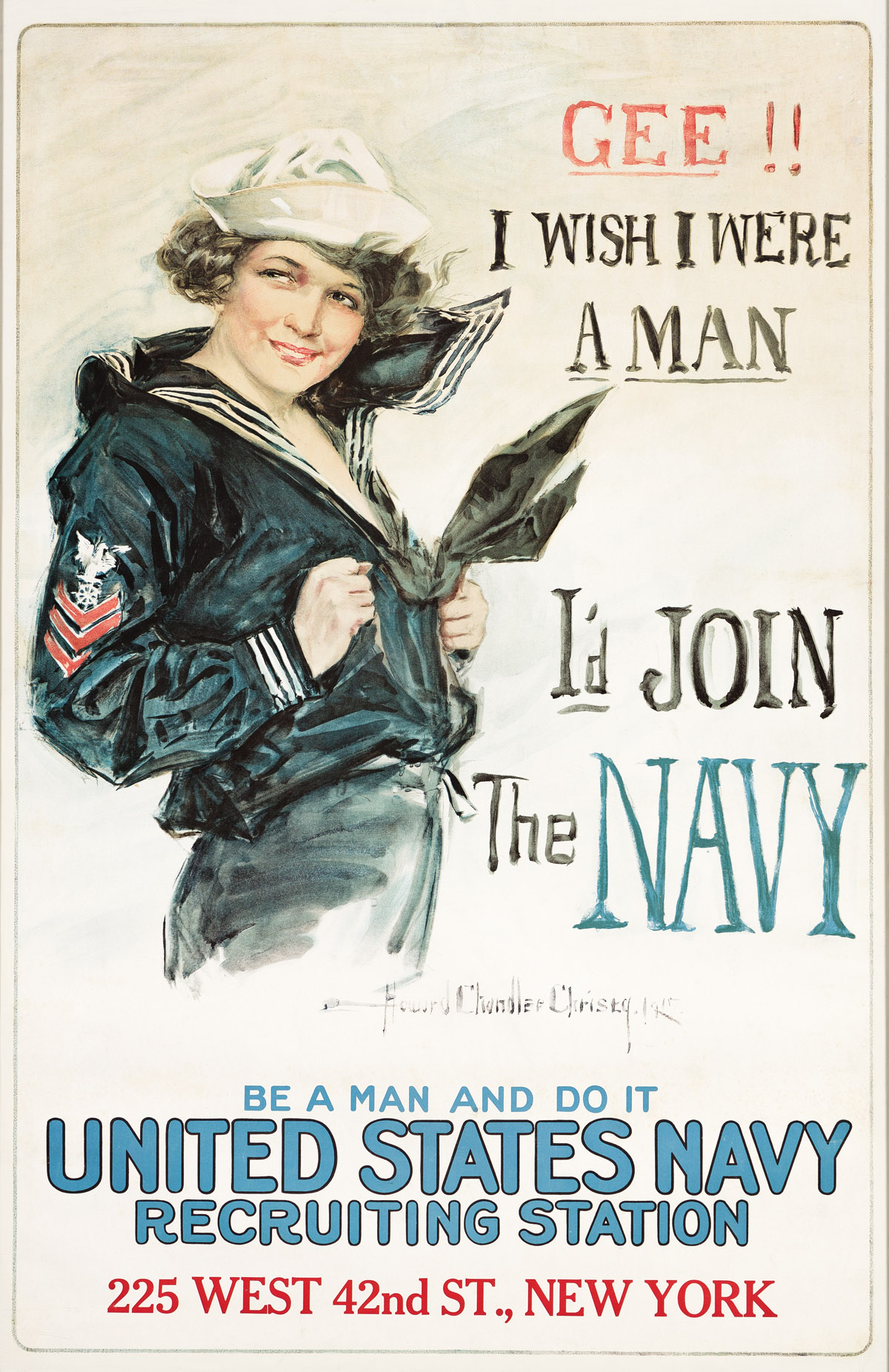 HOWARD CHANDLER CHRISTY (1872-1952).  GEE!! I WISH I WERE A MAN / ID JOIN THE NAVY. 1918. 40¾x26½ inches, 103½x67¼ cm.